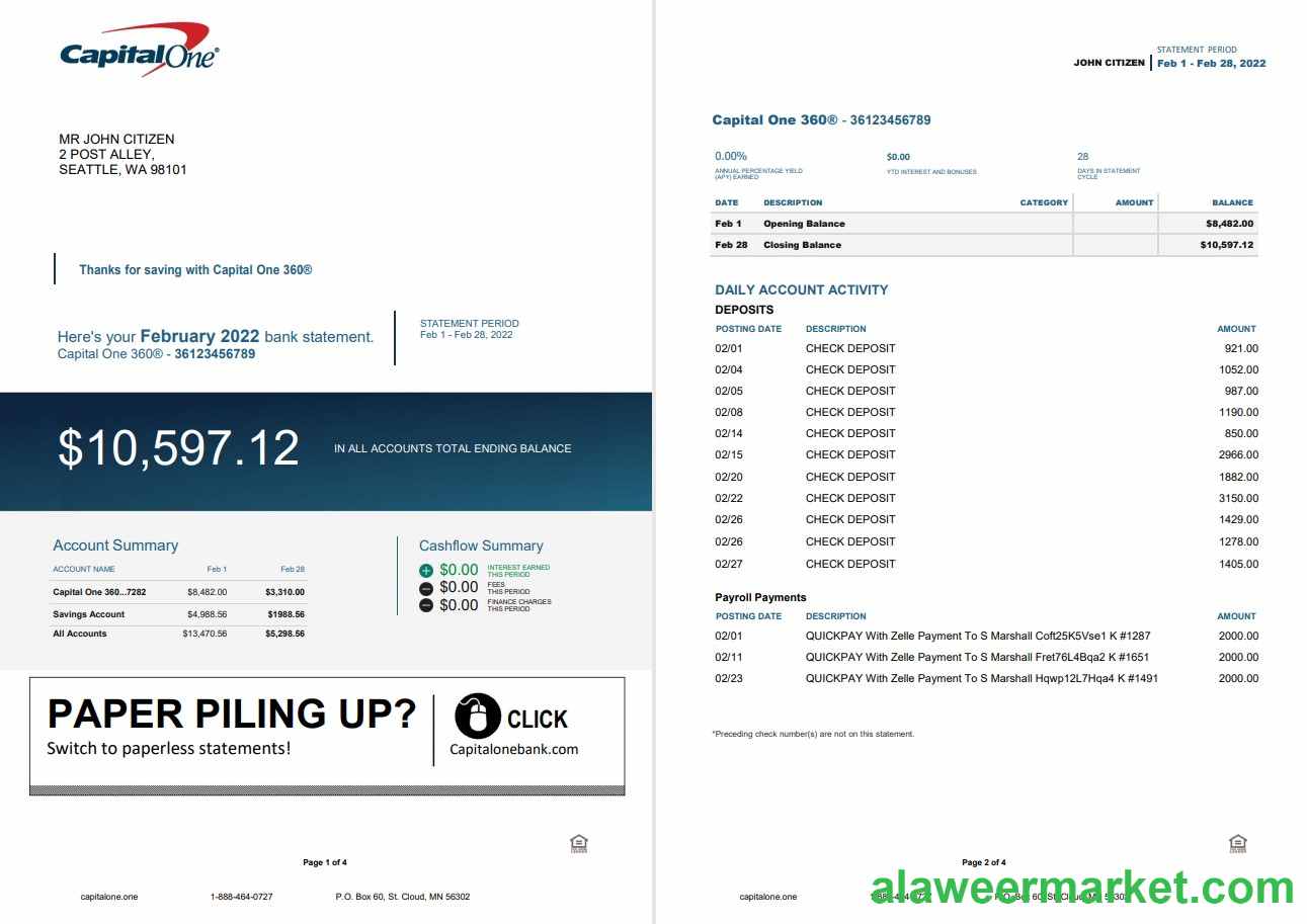 USA Capital One bank statement Word and PDF template, 4 pages